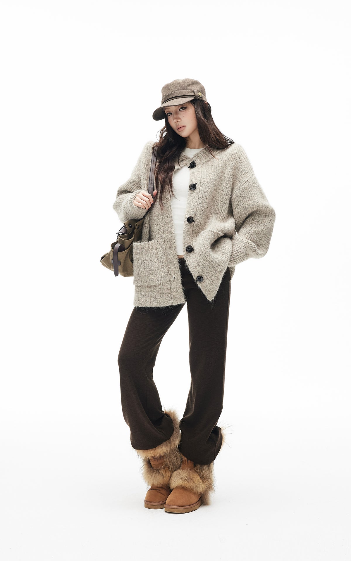 IAMXIAA Cardigan Boutonné Oversize en Maille Chinée avec Poches Plaquées