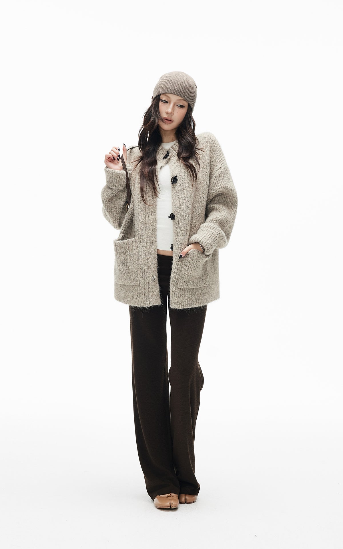 IAMXIAA Cardigan Boutonné Oversize en Maille Chinée avec Poches Plaquées