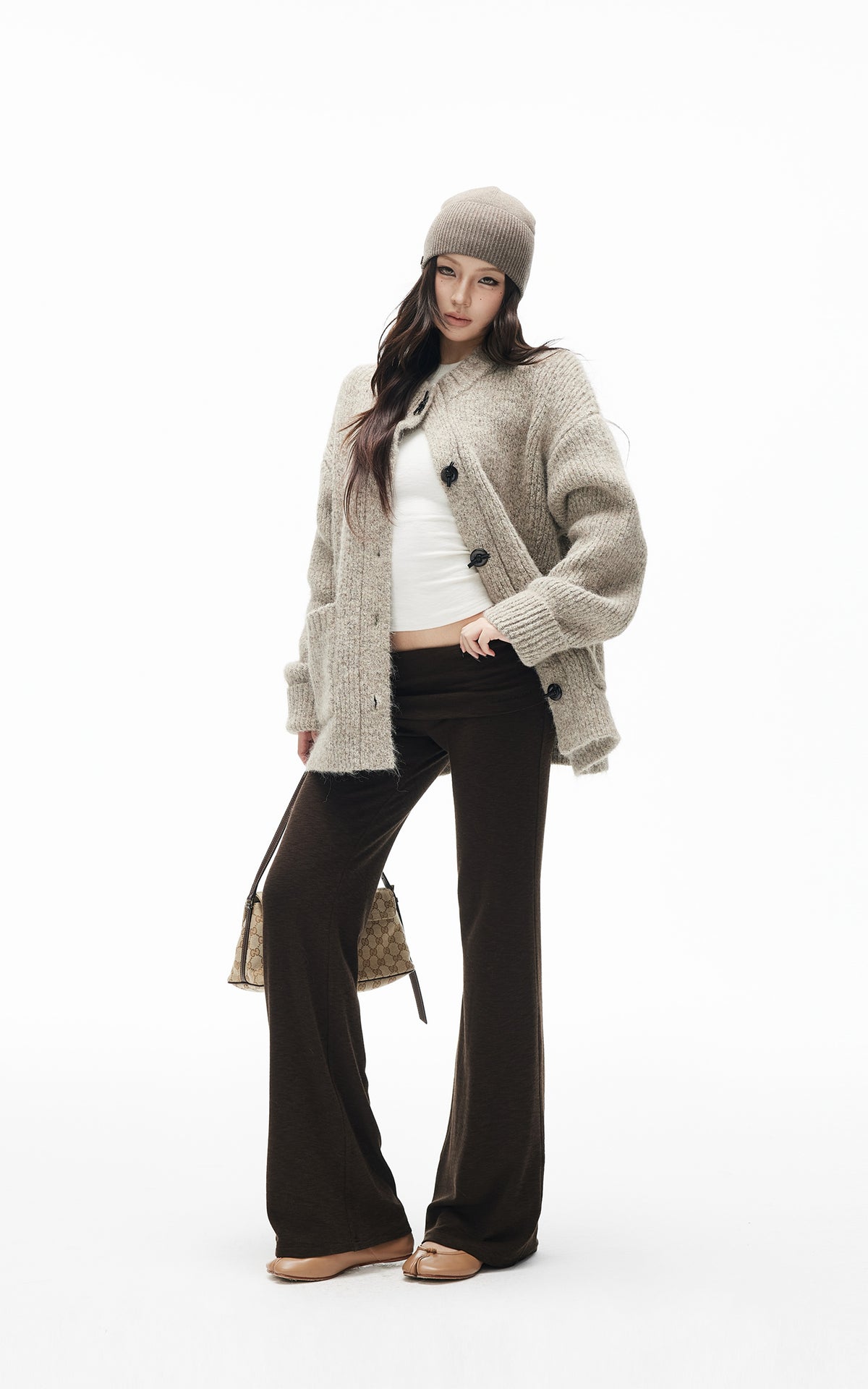 IAMXIAA Cardigan Boutonné Oversize en Maille Chinée avec Poches Plaquées