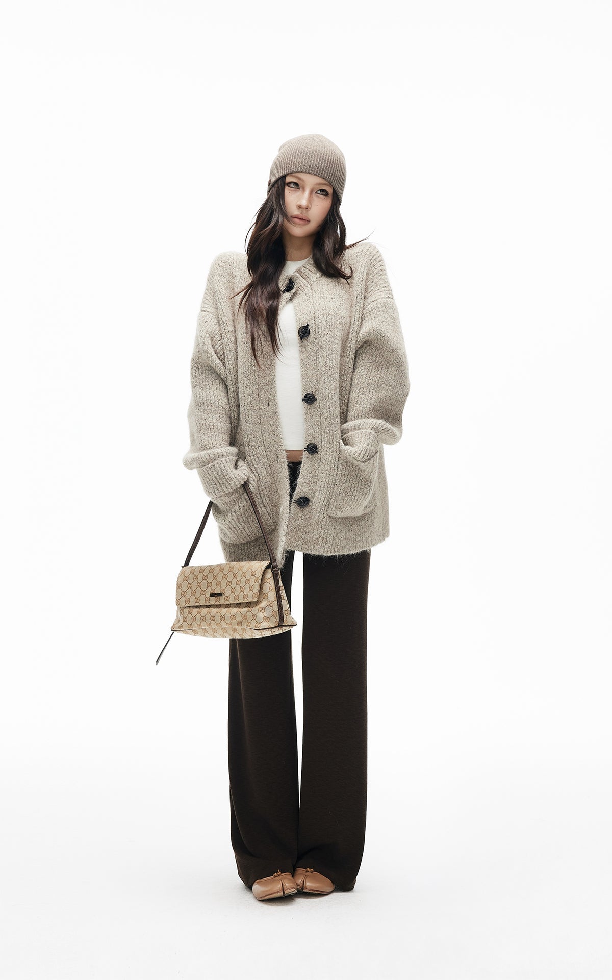IAMXIAA Cardigan Boutonné Oversize en Maille Chinée avec Poches Plaquées