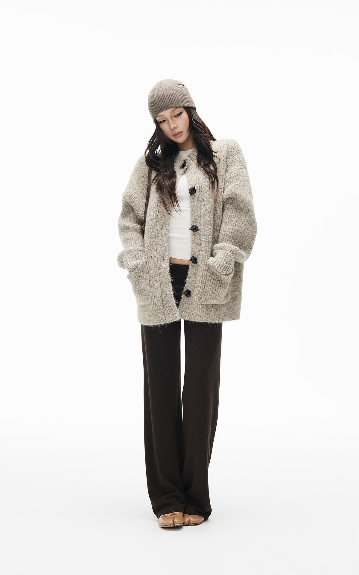 IAMXIAA Cardigan Boutonné Oversize en Maille Chinée avec Poches Plaquées