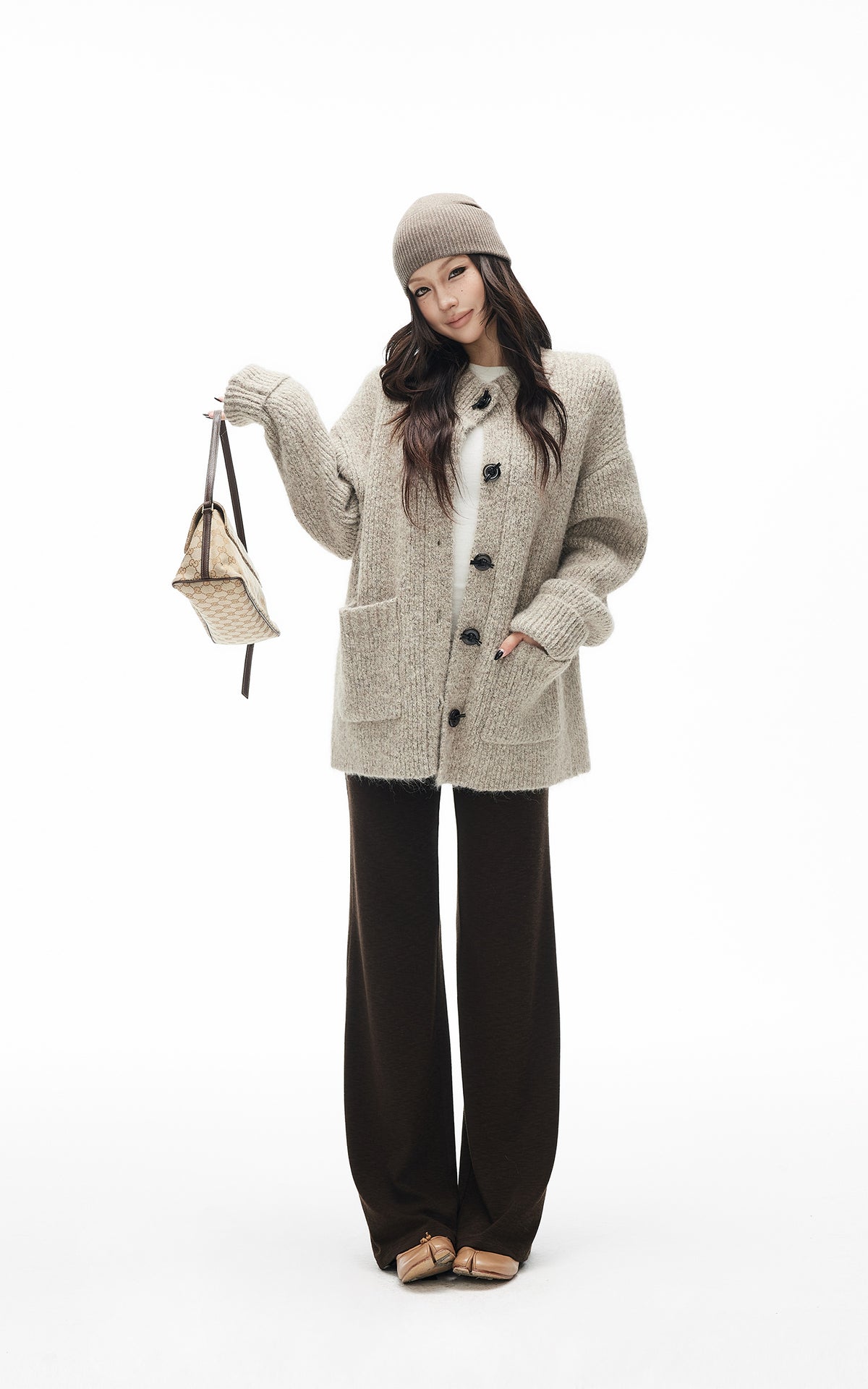 IAMXIAA Cardigan Boutonné Oversize en Maille Chinée avec Poches Plaquées