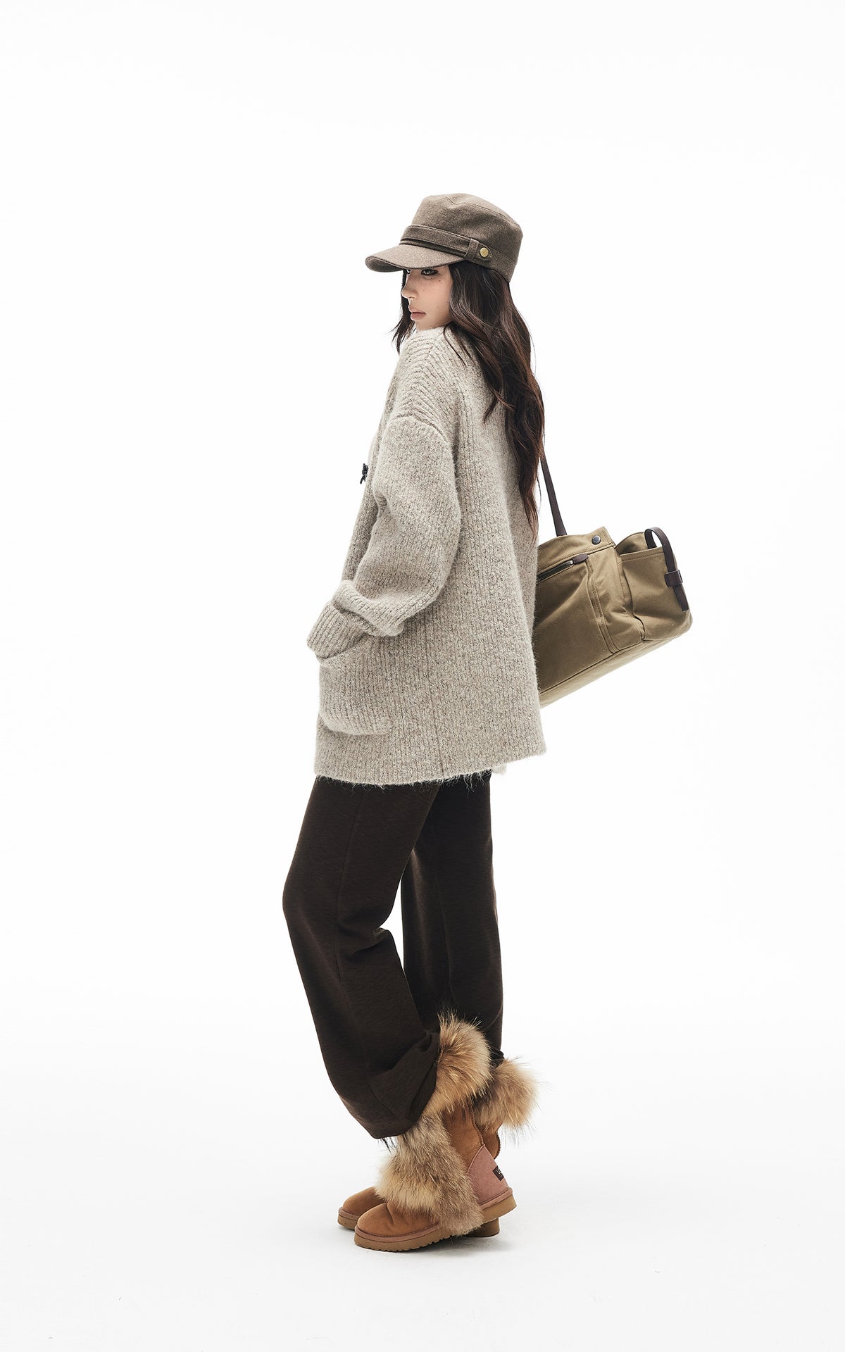 IAMXIAA Cardigan Boutonné Oversize en Maille Chinée avec Poches Plaquées