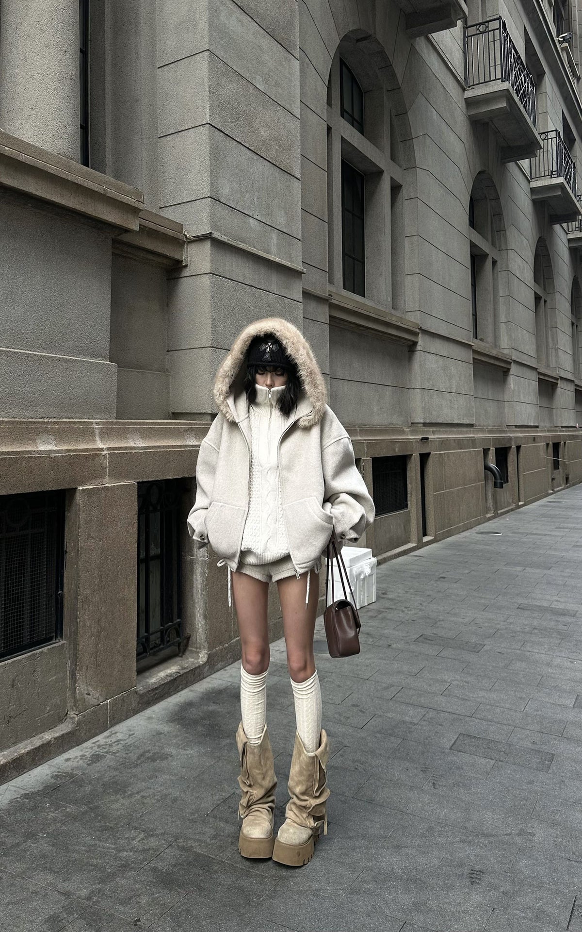 WARDEN EDGE Oversized Fur-Trim Hooded Zip-Up Jacket