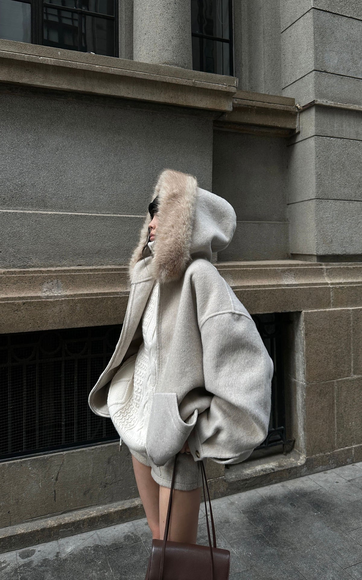WARDEN EDGE Oversized Fur-Trim Hooded Zip-Up Jacket