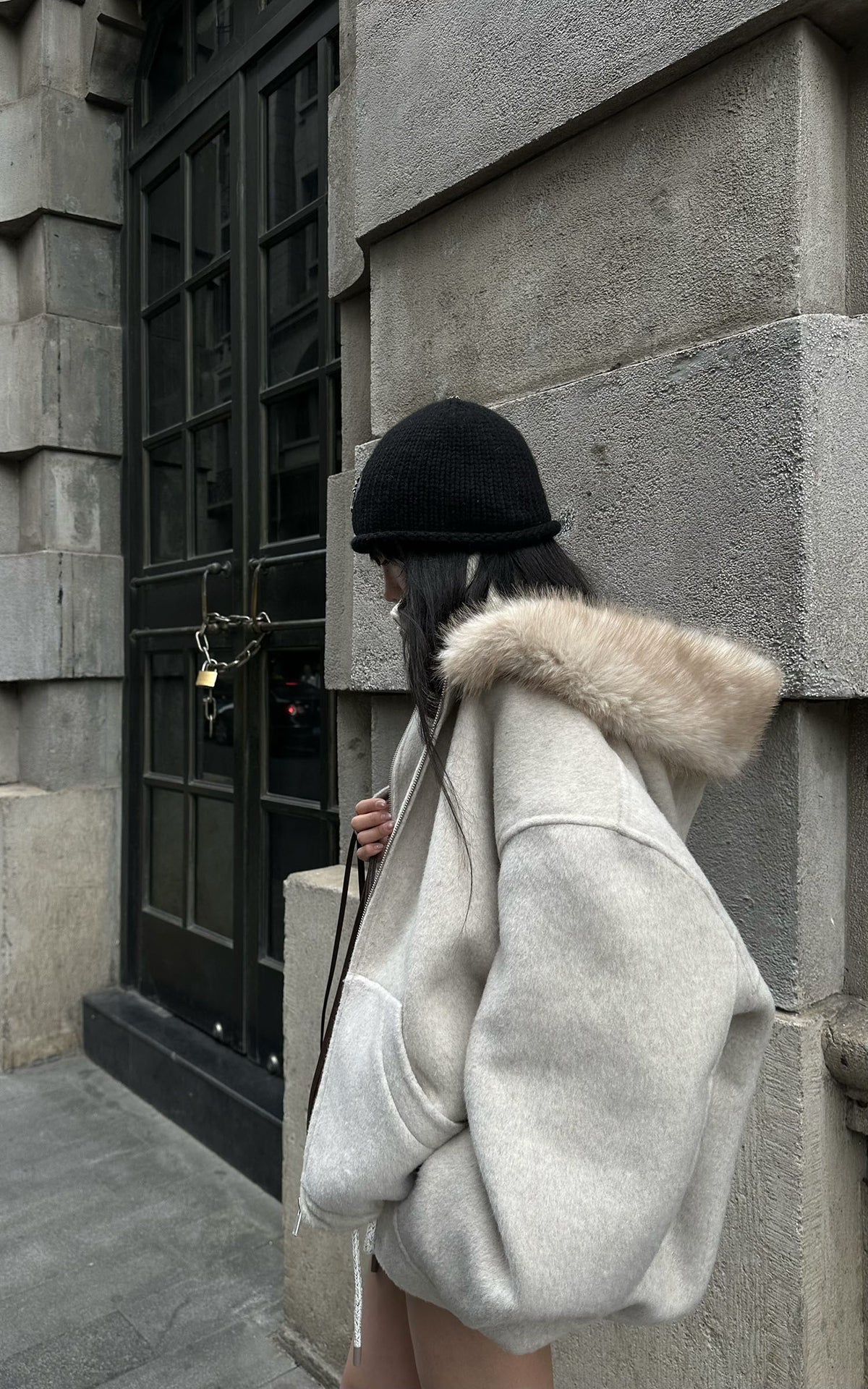 WARDEN EDGE Oversized Fur-Trim Hooded Zip-Up Jacket