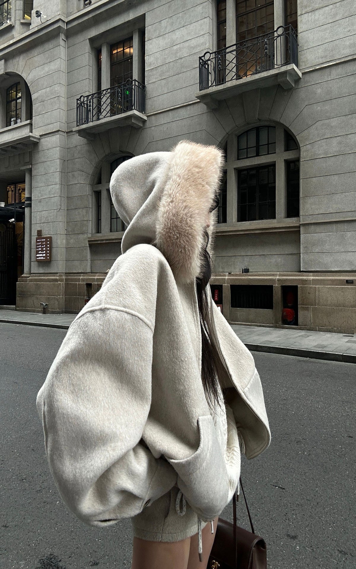 WARDEN EDGE Oversized Fur-Trim Hooded Zip-Up Jacket