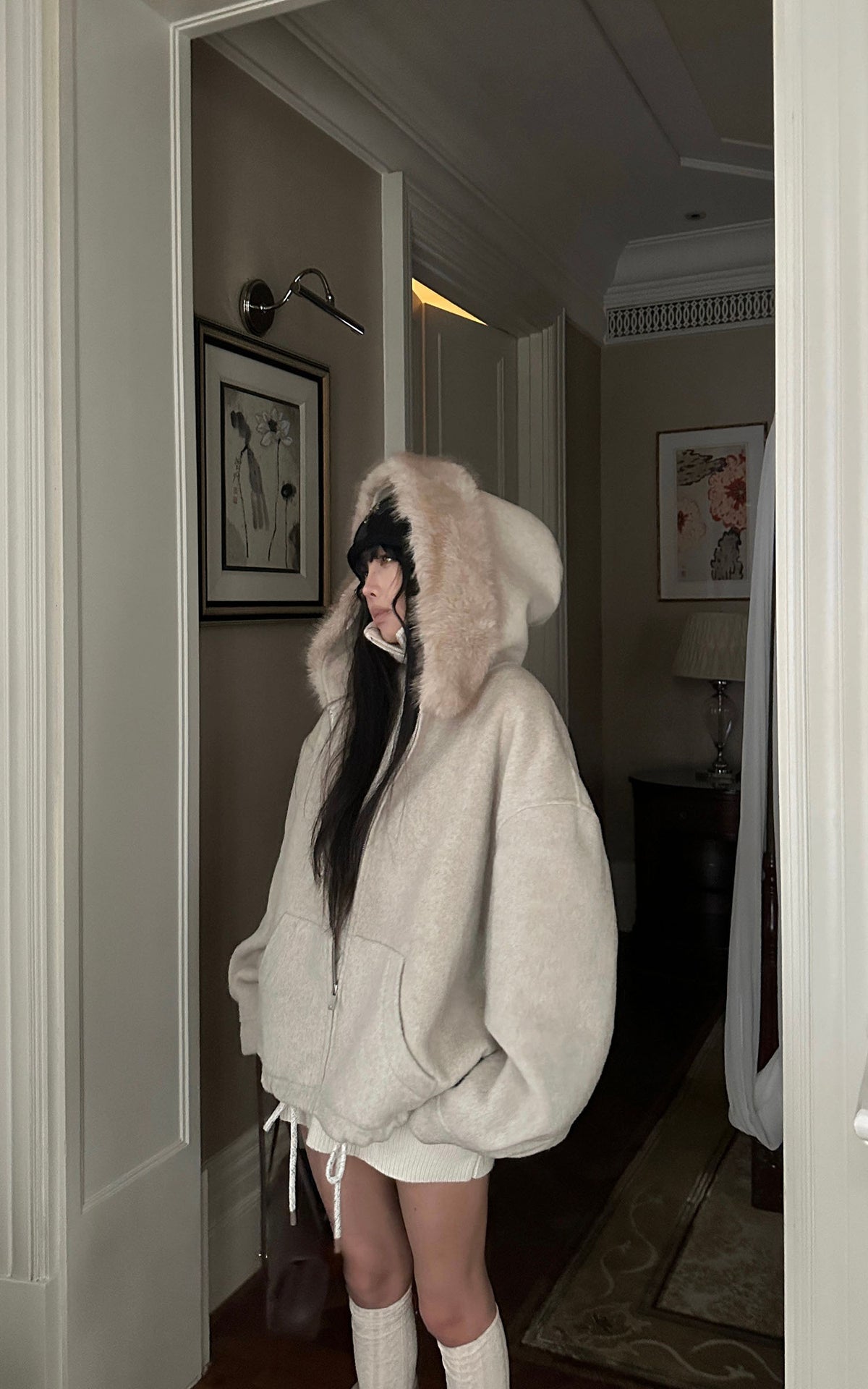 WARDEN EDGE Oversized Fur-Trim Hooded Zip-Up Jacket