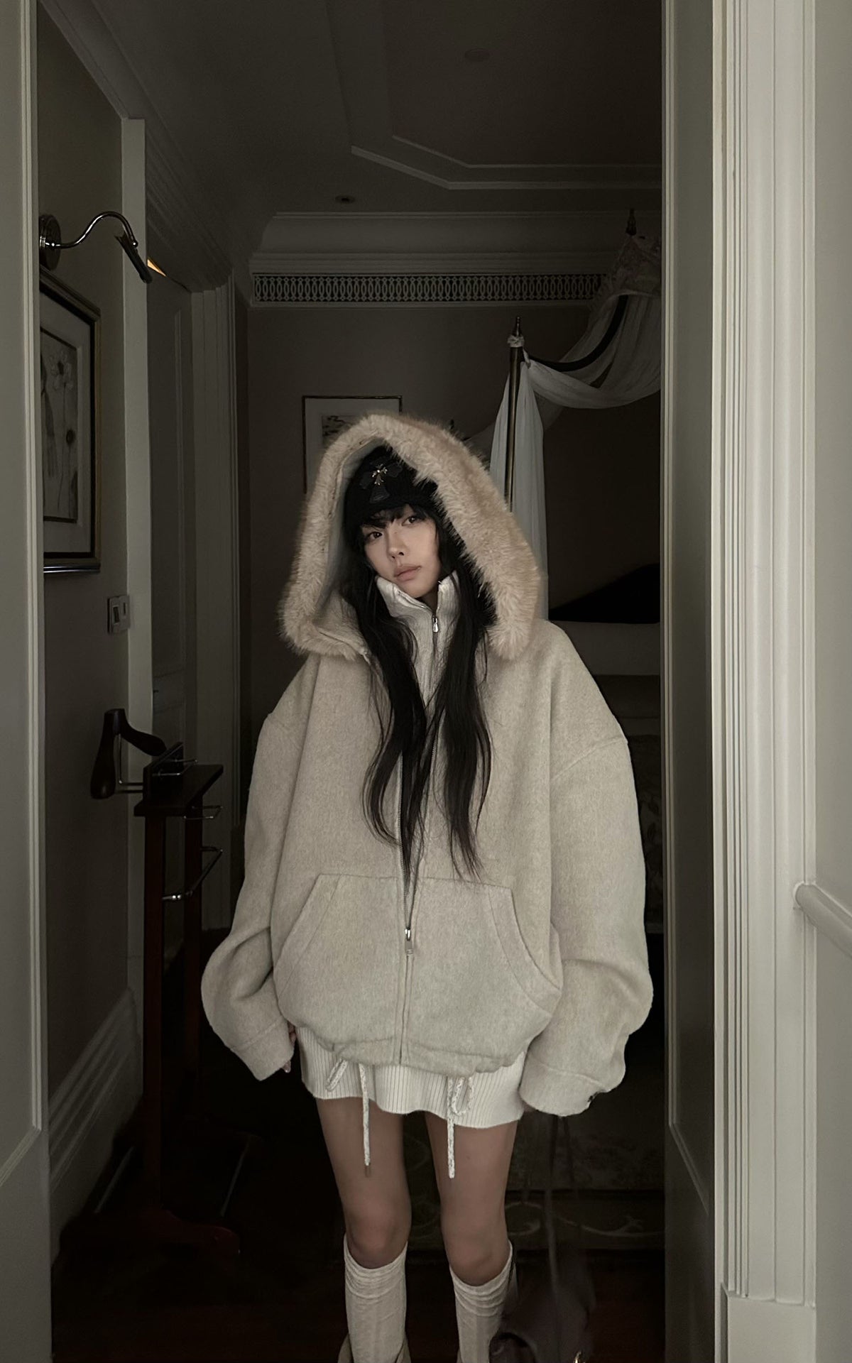 WARDEN EDGE Oversized Fur-Trim Hooded Zip-Up Jacket