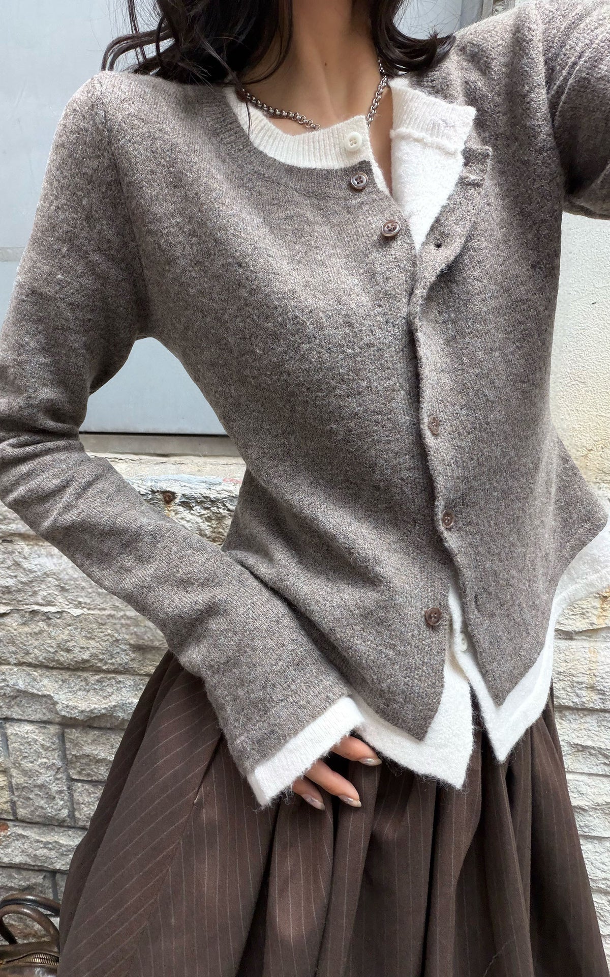 WARDEN EDGE Faux-Layered Asymmetric Knit Cardigan