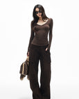 IAMXIAA Corduroy Wide Leg Cargo Pants with Utility Pockets