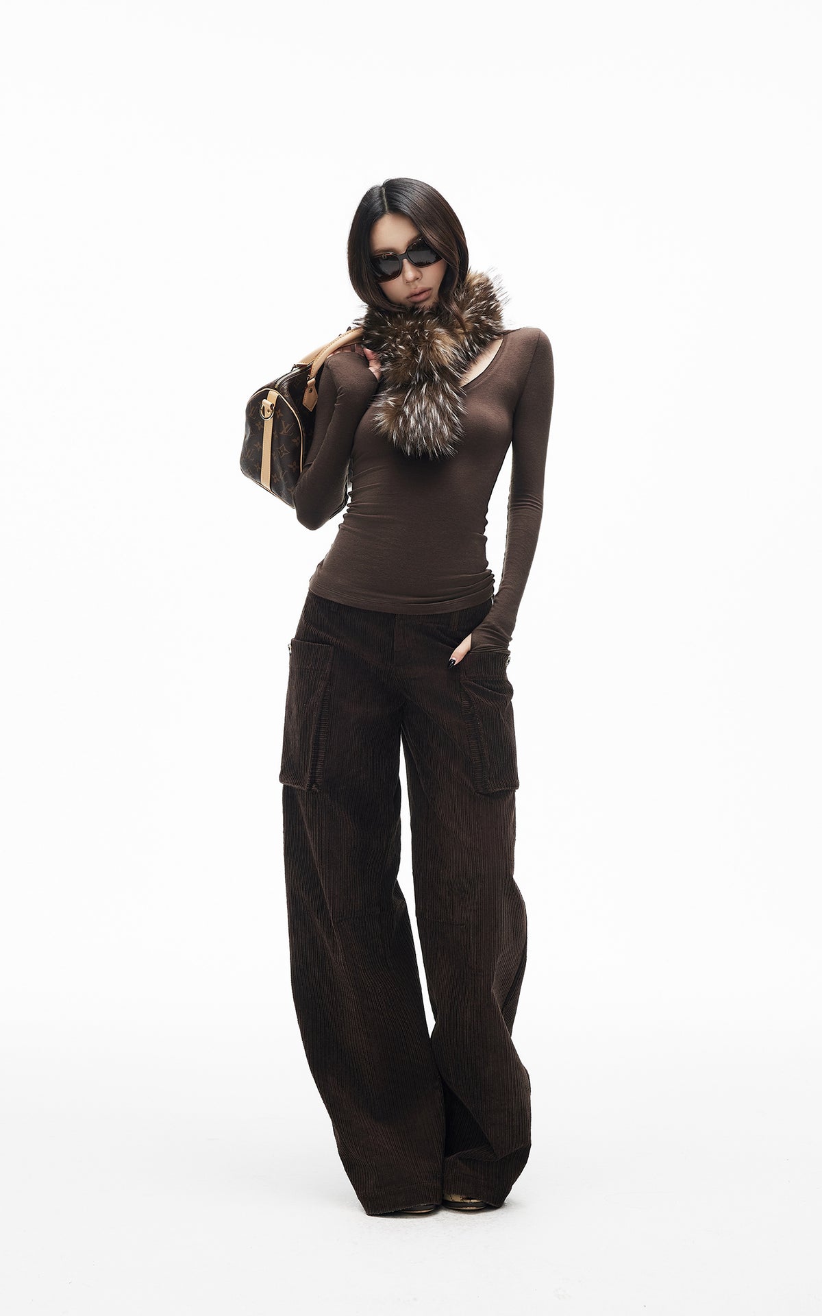 IAMXIAA Corduroy Wide Leg Cargo Pants with Utility Pockets