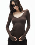 IAMXIAA Slim-Fit V-Neck Knit Top with Thumbhole Sleeves