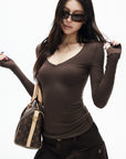 IAMXIAA Slim-Fit V-Neck Knit Top with Thumbhole Sleeves