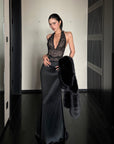 ROVENTE Robe longue en satin à col licou en dentelle
