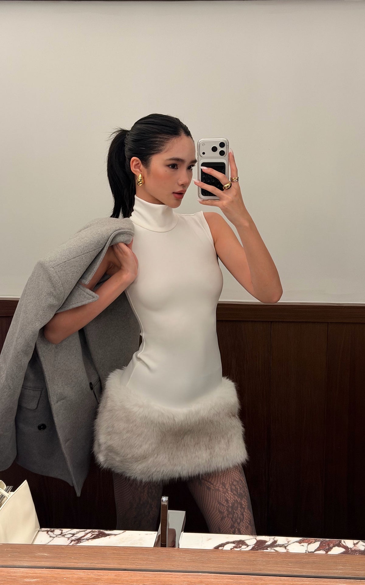 ROVENTE Faux Fur Trim Turtleneck Mini Dress