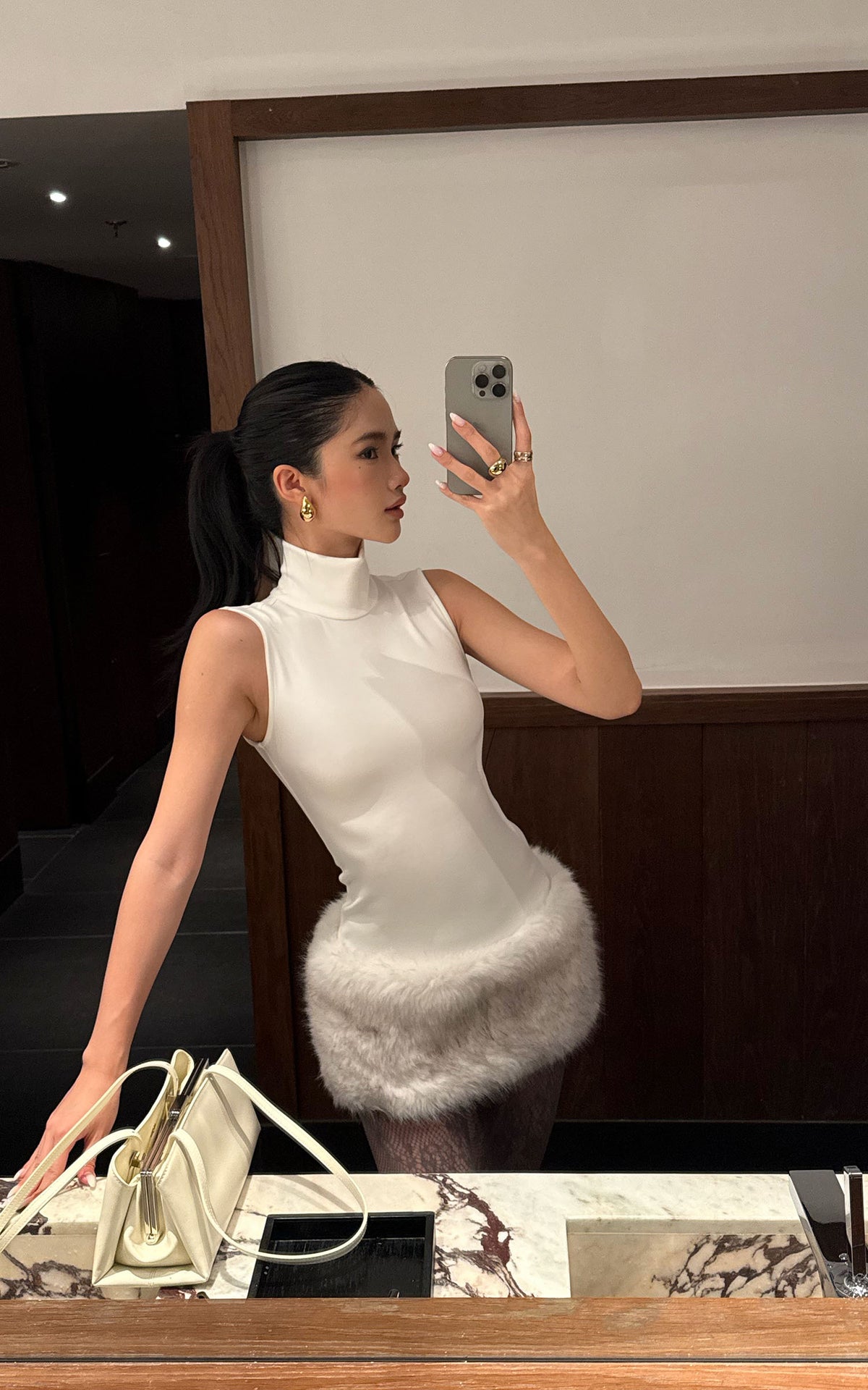 ROVENTE Faux Fur Trim Turtleneck Mini Dress