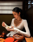 ROVENTE Lace-Trim Deep V-Neck Long-Sleeve Top with Slim Fit & Fine Ribbed Texture