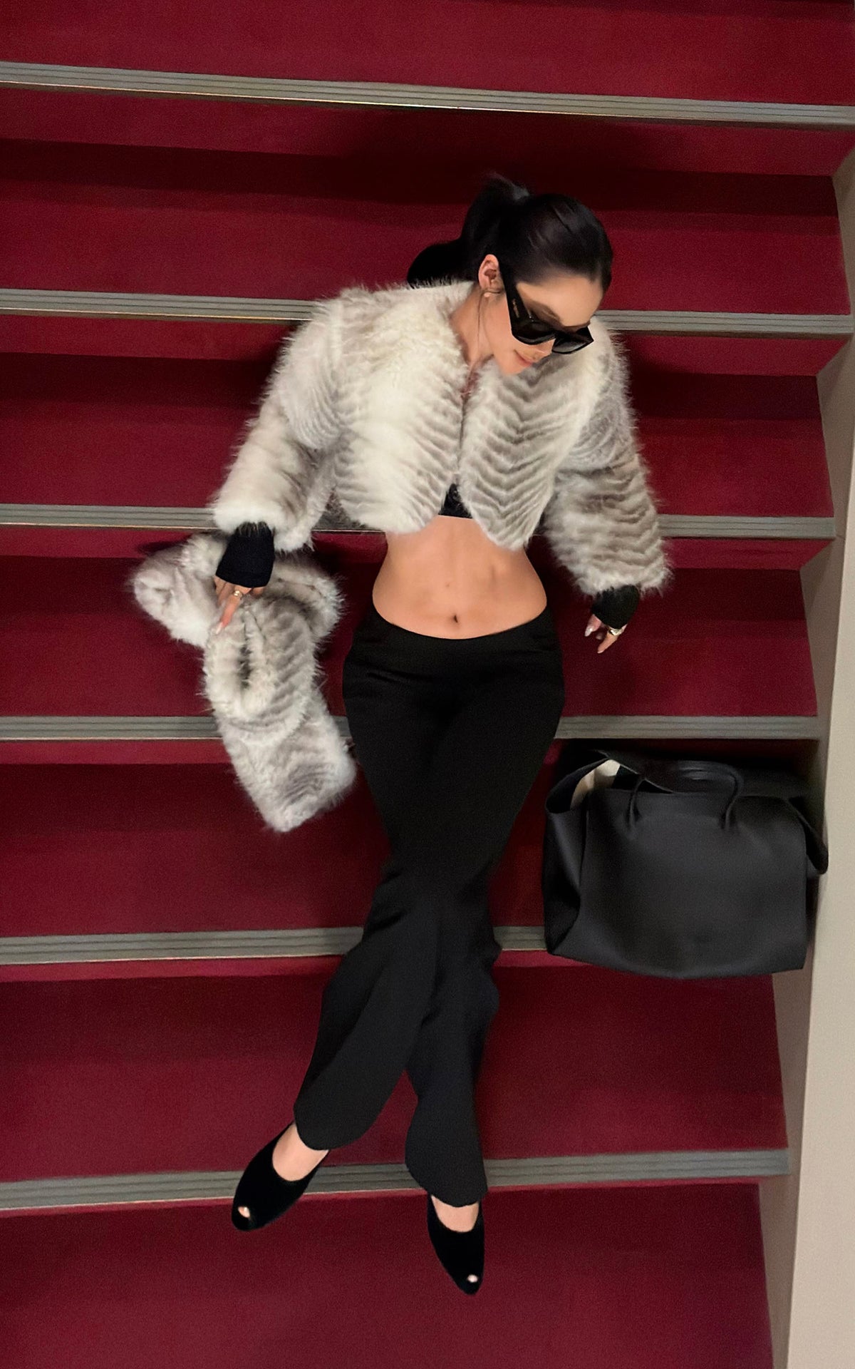 ROVENTE Plush Striped Cropped Bolero Jacket with Curved Front &amp; Long Sleeves