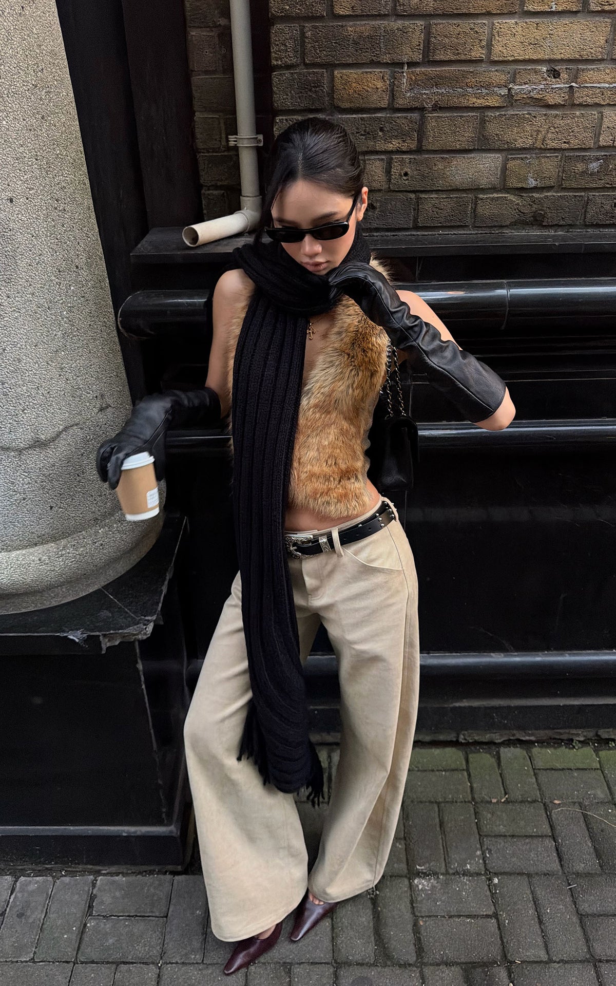 ROVENTE Low-Rise Suede-Look Wide-Leg Pants with Angled Front Pockets