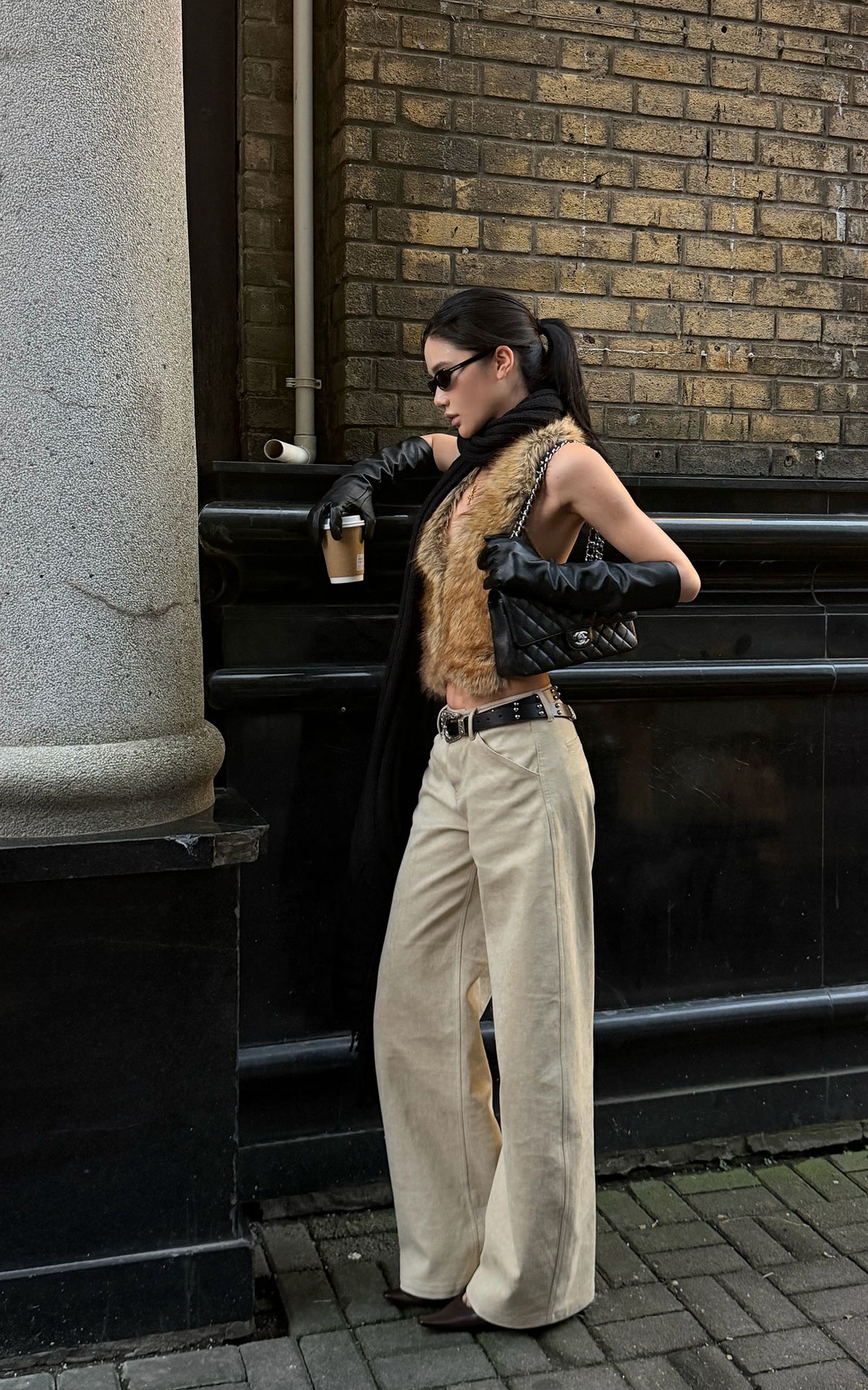 ROVENTE Low-Rise Suede-Look Wide-Leg Pants with Angled Front Pockets