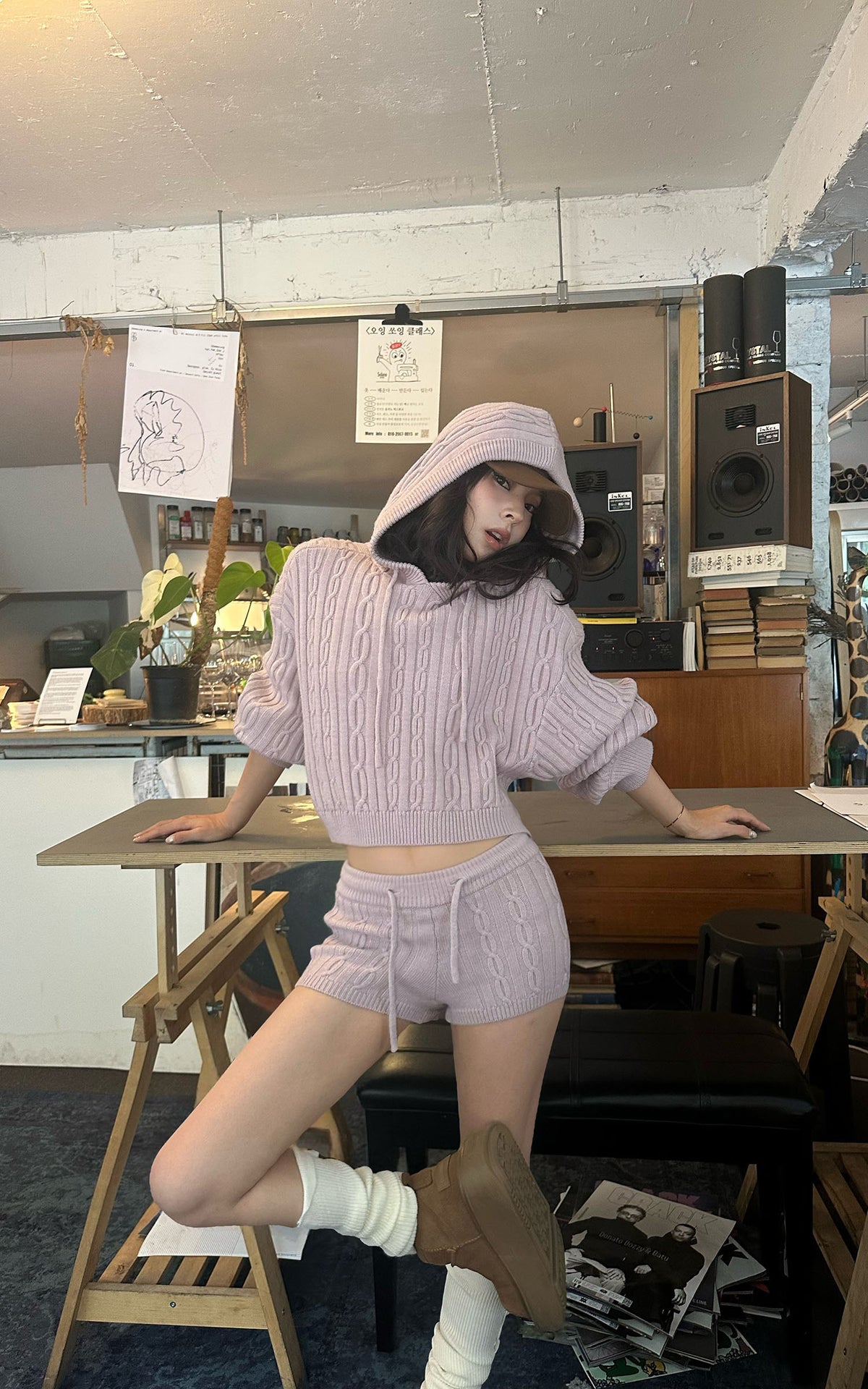 WARDEN EDGE Dusty Pink Cable Knit Hooded Sweater and Shorts Set