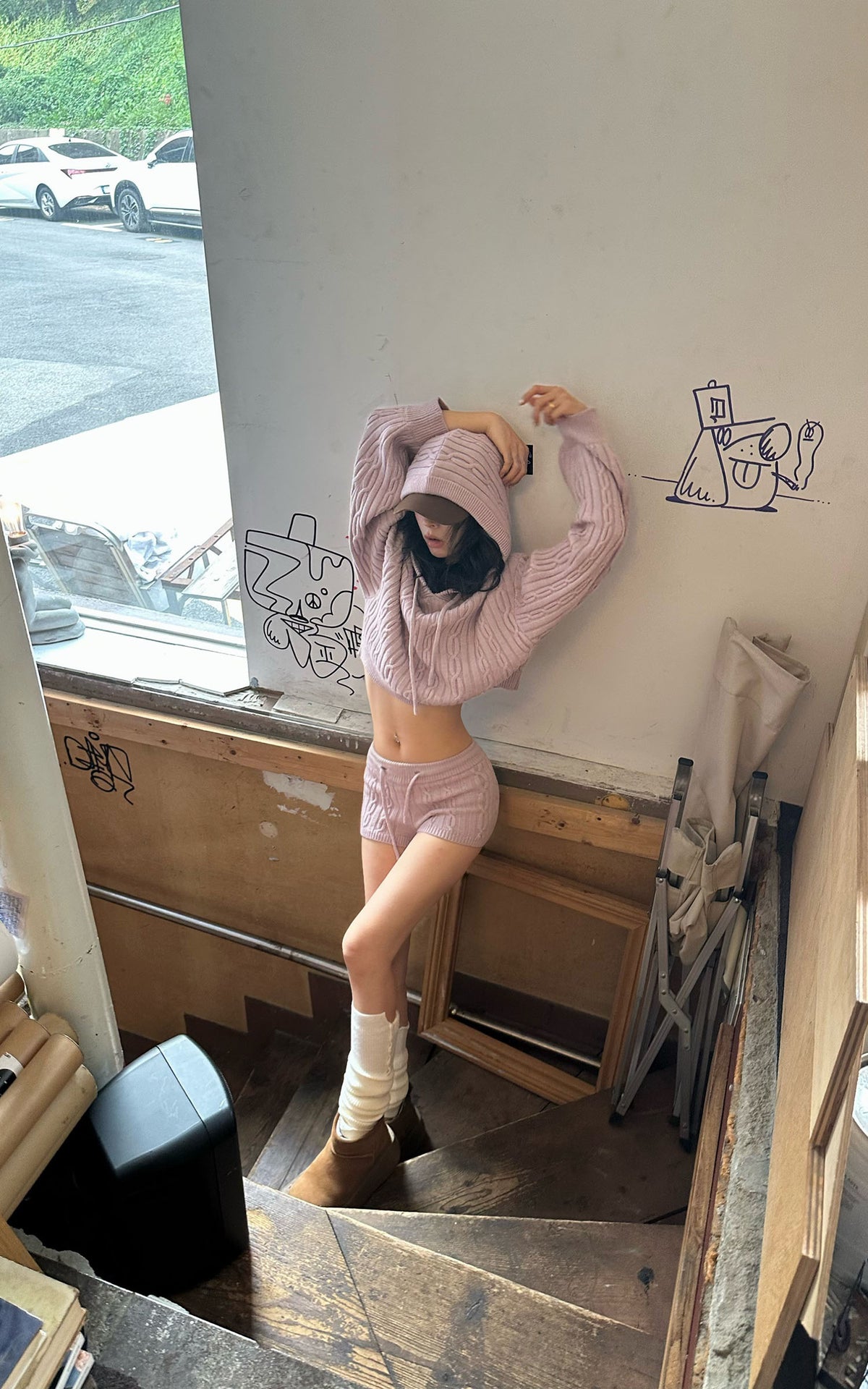 WARDEN EDGE Dusty Pink Cable Knit Hooded Sweater and Shorts Set
