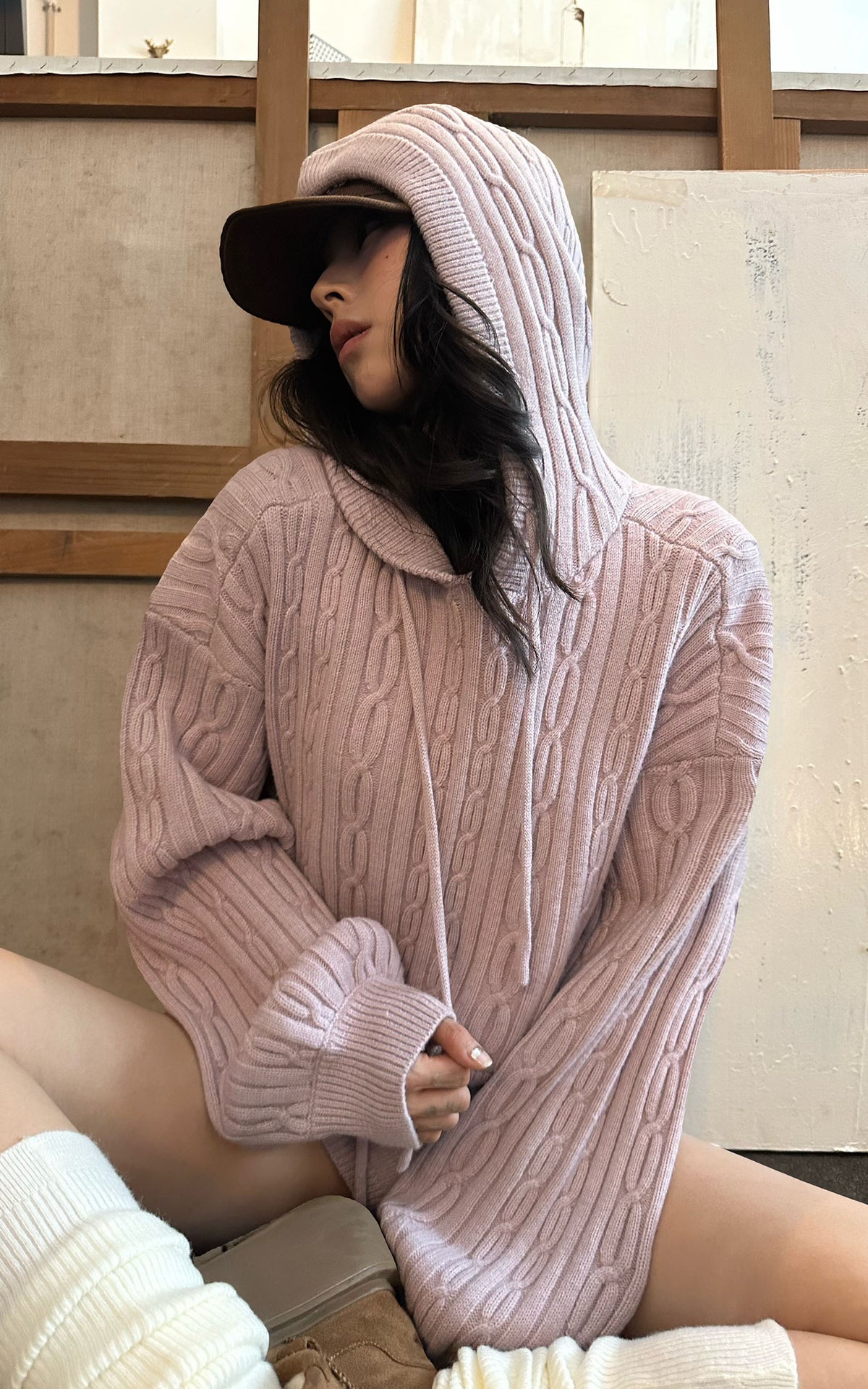 WARDEN EDGE Dusty Pink Cable Knit Hooded Sweater and Shorts Set