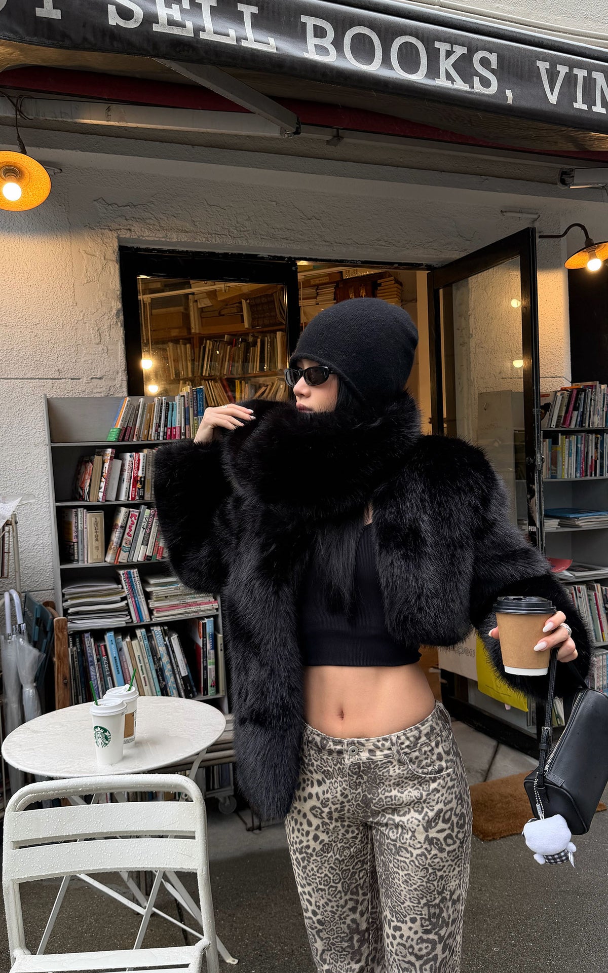 ROVENTE Oversized Sculptural Shoulder Faux Fur Cropped Jacket with Voluminous Sleeves
