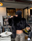 ROVENTE Oversized Sculptural Shoulder Faux Fur Cropped Jacket with Voluminous Sleeves
