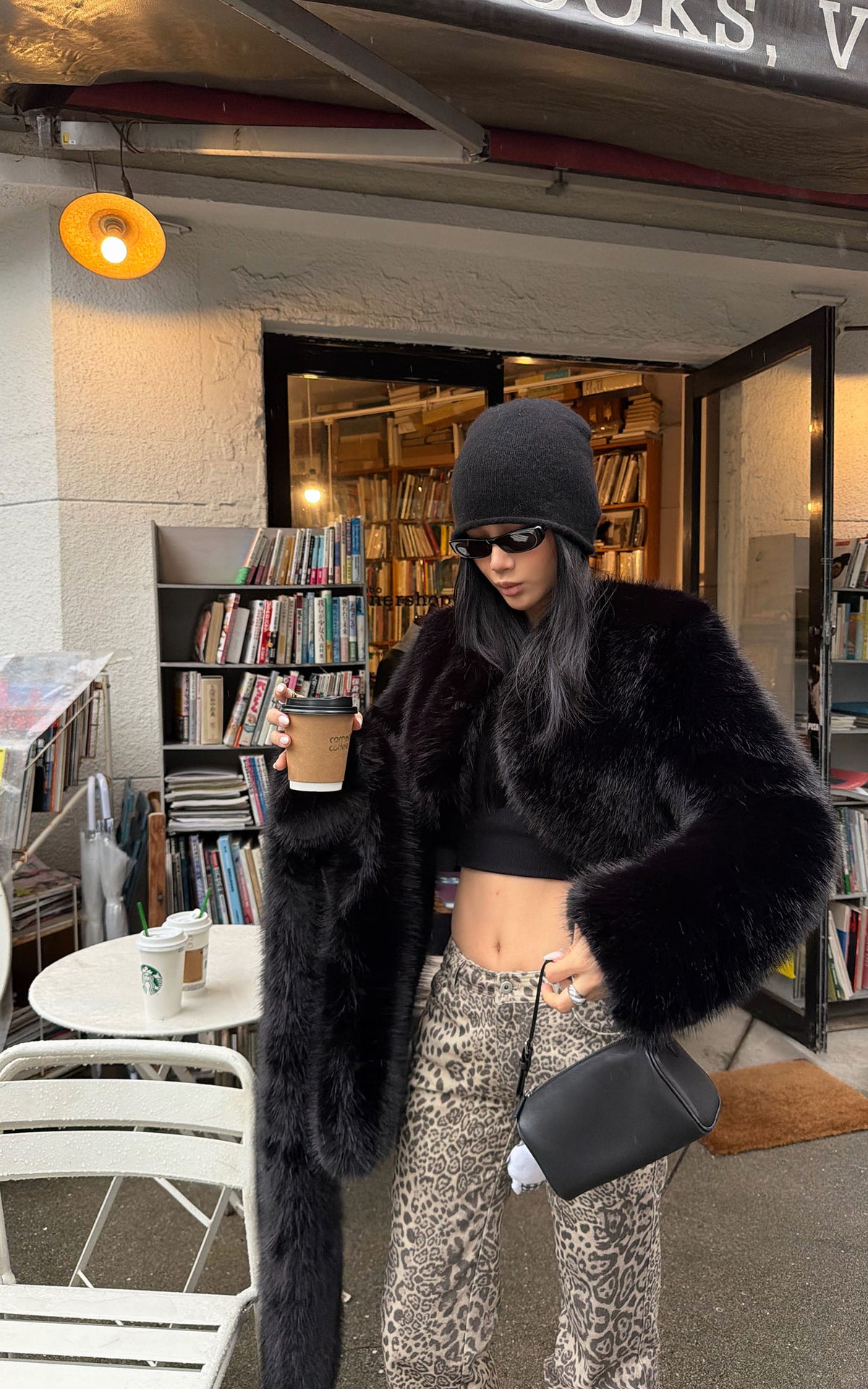 ROVENTE Oversized Sculptural Shoulder Faux Fur Cropped Jacket with Voluminous Sleeves