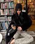 ROVENTE Oversized Sculptural Shoulder Faux Fur Cropped Jacket with Voluminous Sleeves