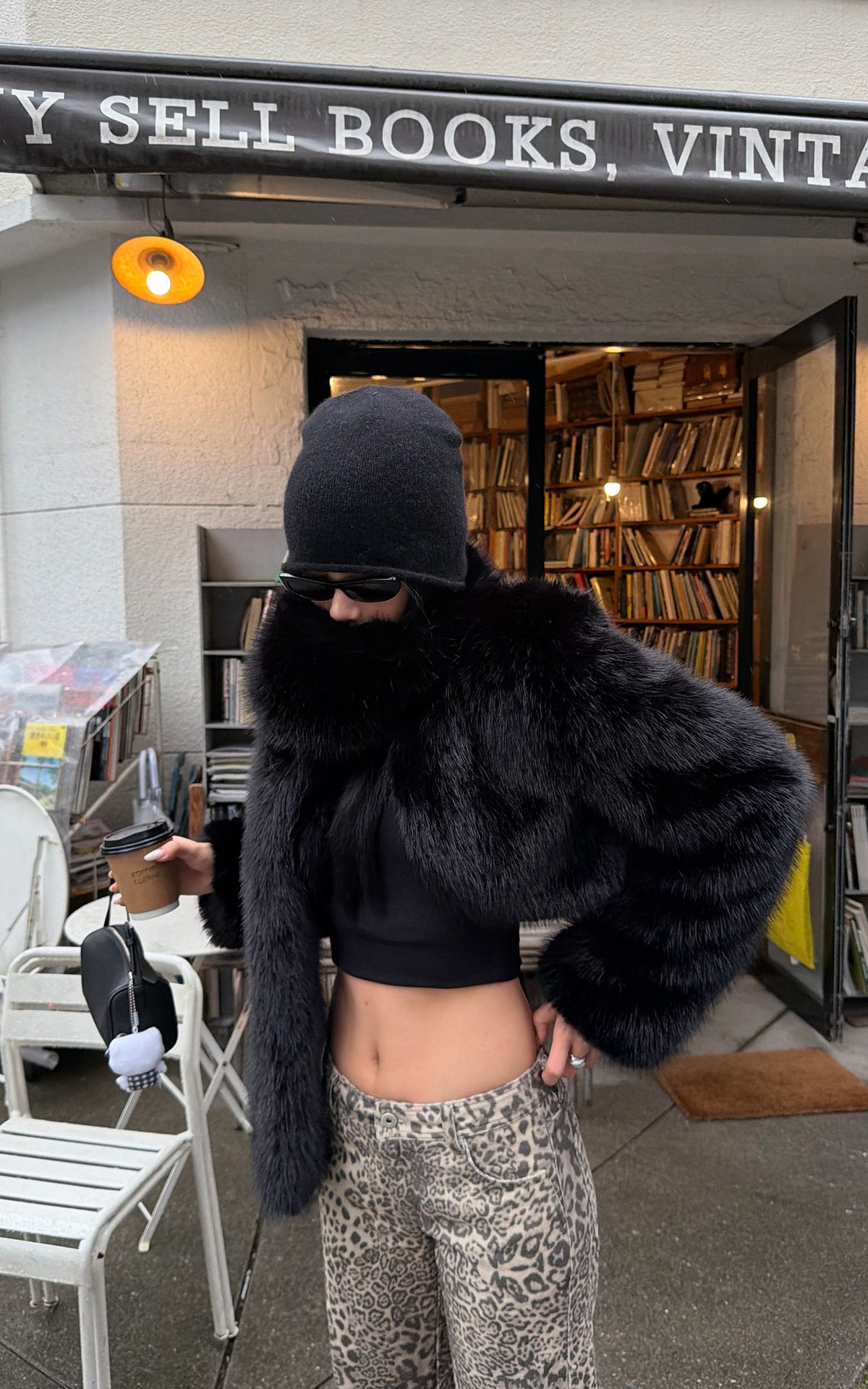 ROVENTE Oversized Sculptural Shoulder Faux Fur Cropped Jacket with Voluminous Sleeves