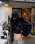 ROVENTE Oversized Sculptural Shoulder Faux Fur Cropped Jacket with Voluminous Sleeves