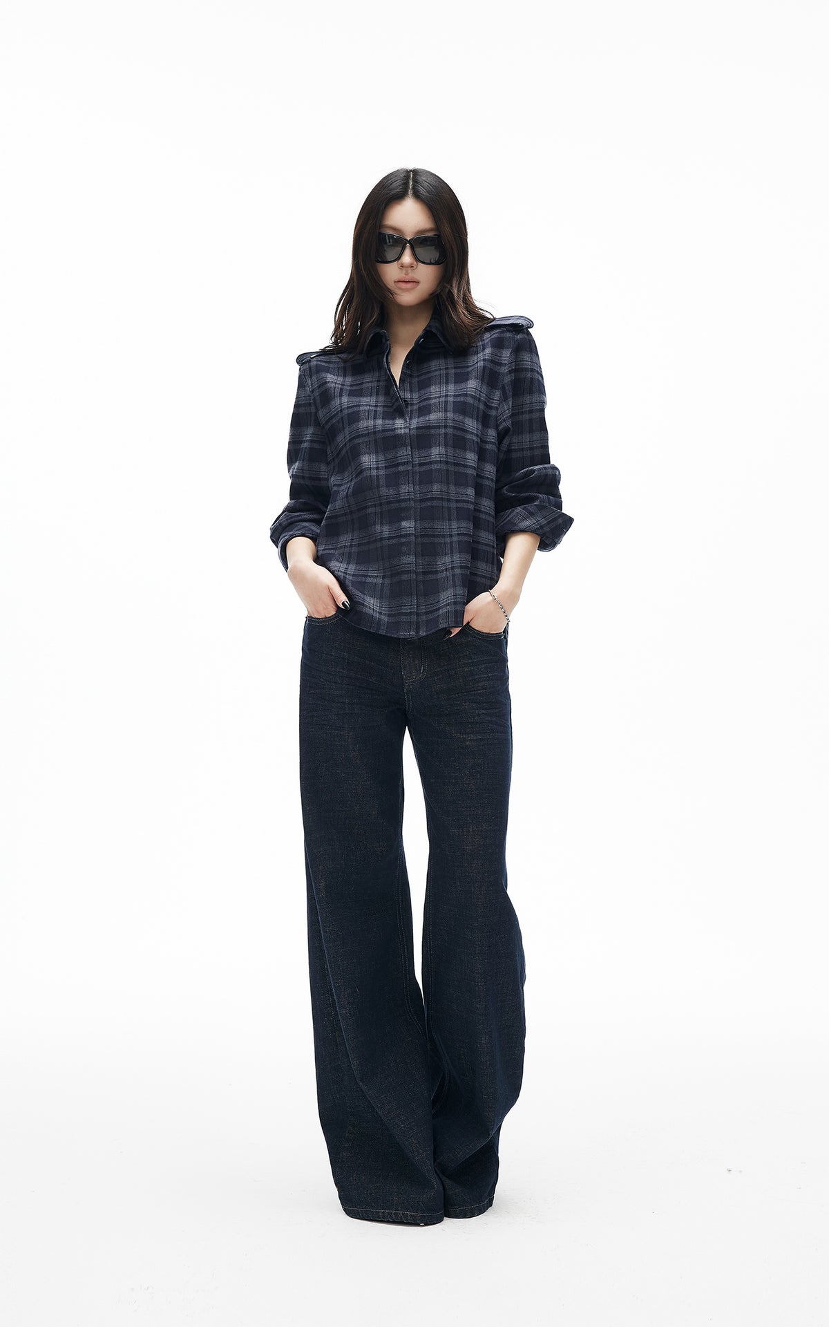IAMXIAA Chemise à carreaux foncés avec épaulettes