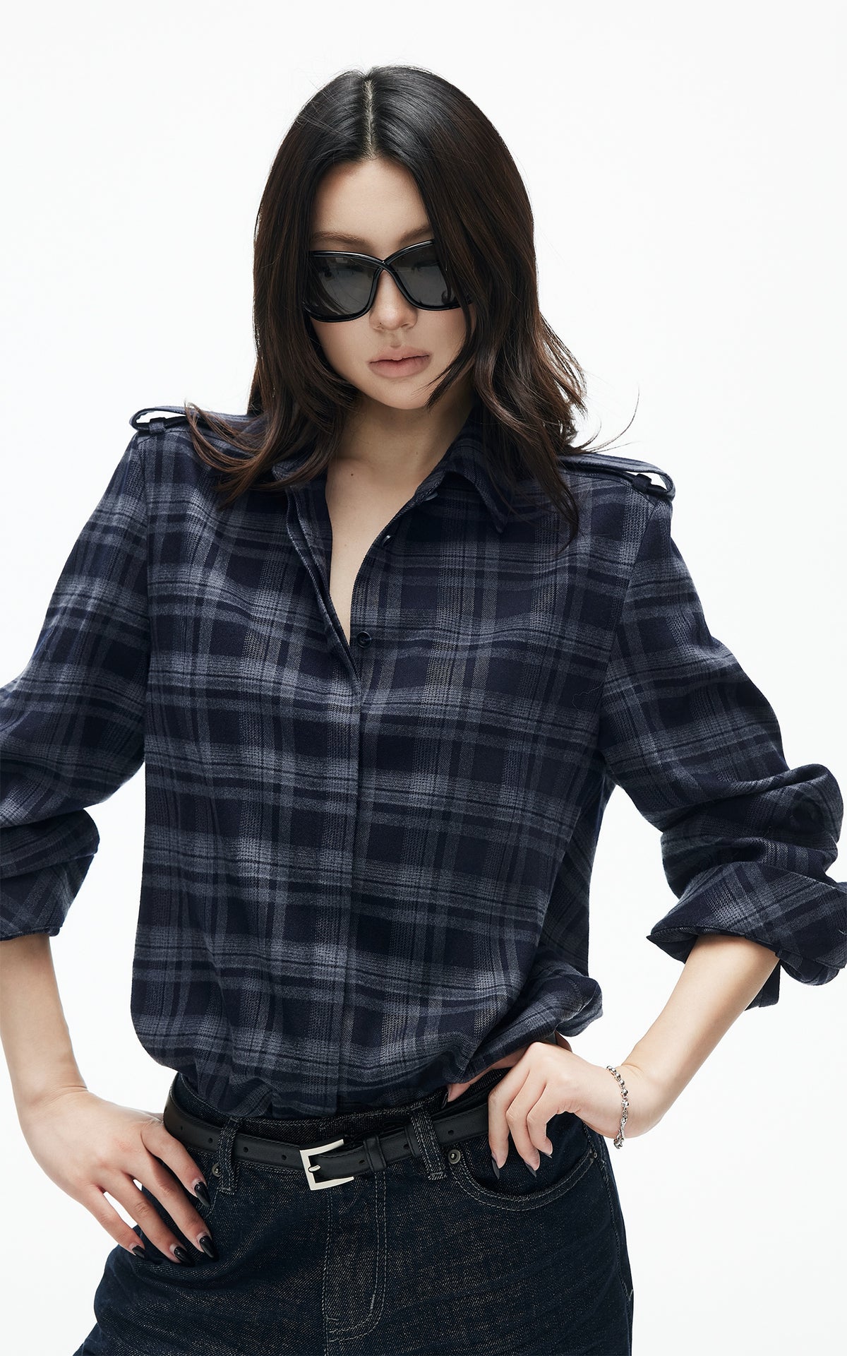 IAMXIAA Chemise à carreaux foncés avec épaulettes