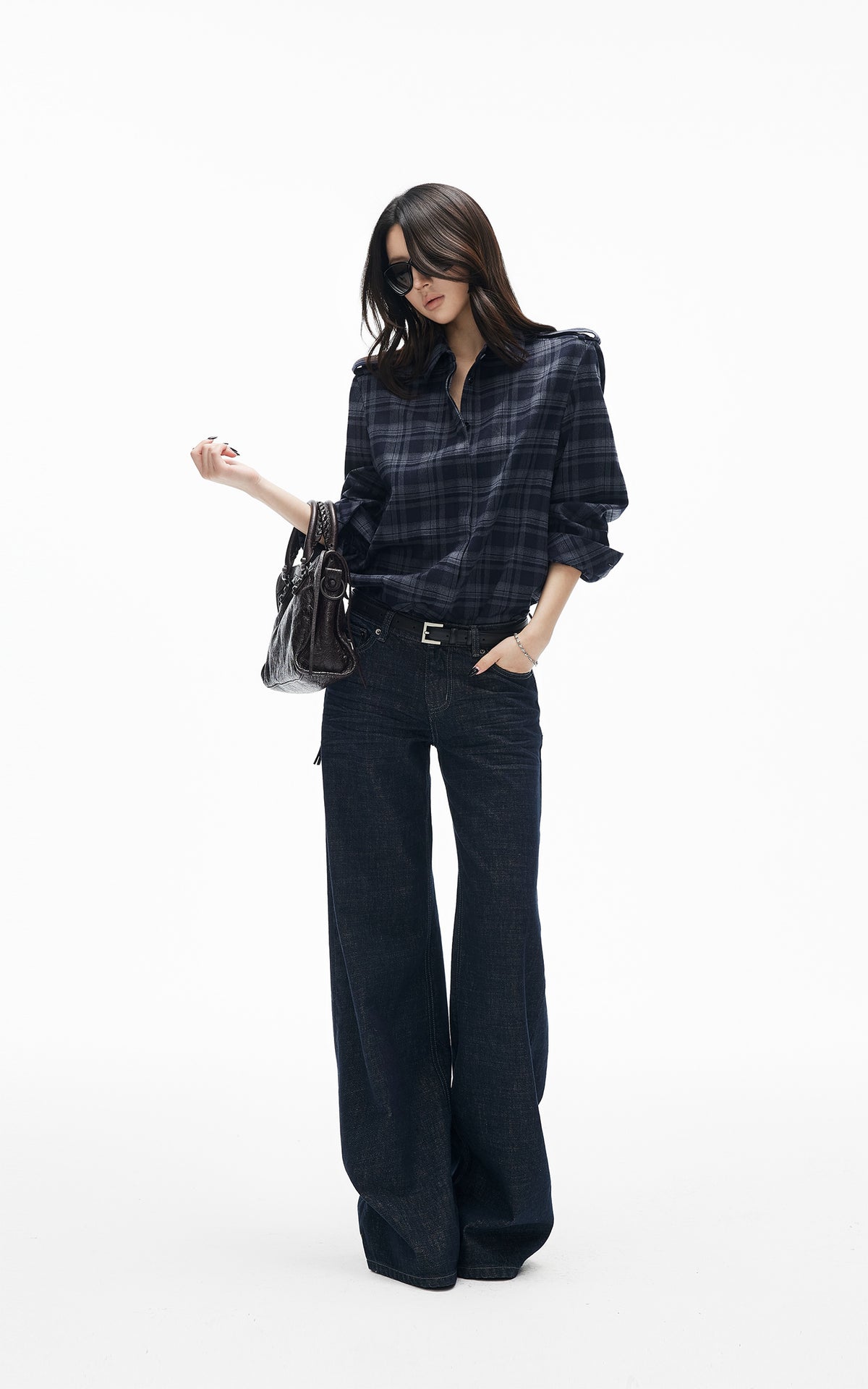 IAMXIAA Chemise à carreaux foncés avec épaulettes