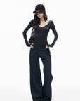IAMXIAA Slim-Fit V-Neck Knit Top with Thumbhole Sleeves