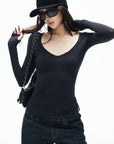 IAMXIAA Slim-Fit V-Neck Knit Top with Thumbhole Sleeves