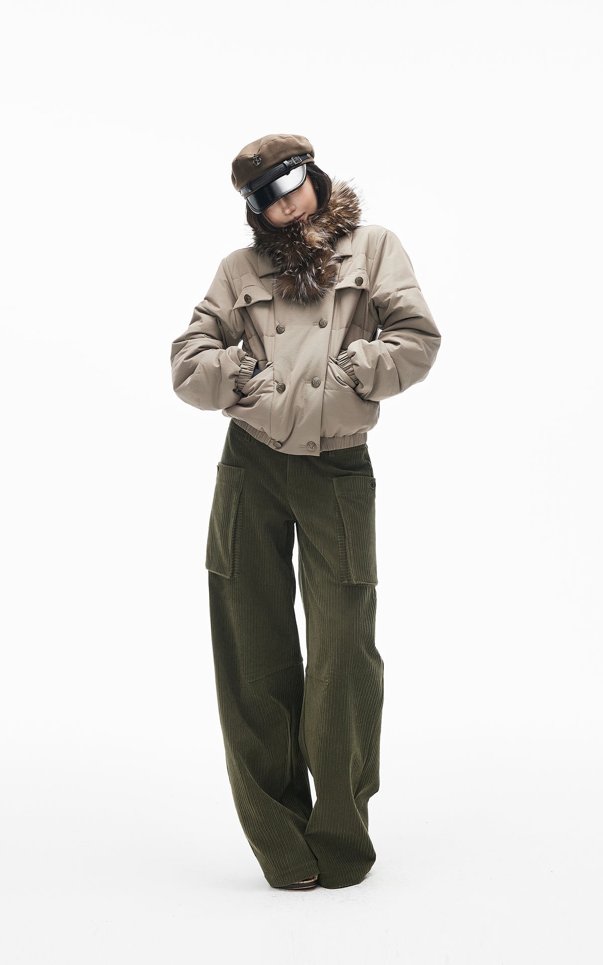 IAMXIAA Corduroy Wide Leg Cargo Pants with Utility Pockets