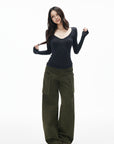 IAMXIAA Corduroy Wide Leg Cargo Pants with Utility Pockets