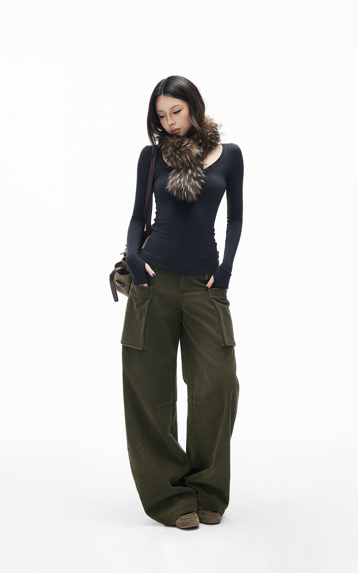 IAMXIAA Corduroy Wide Leg Cargo Pants with Utility Pockets