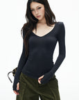 IAMXIAA Slim-Fit V-Neck Knit Top with Thumbhole Sleeves