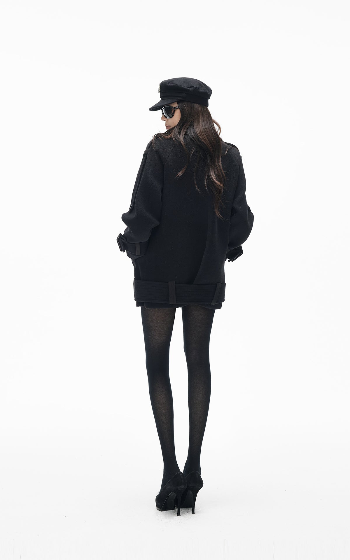 IAMXIAA Black Double-Breasted Belted Military Peacoat