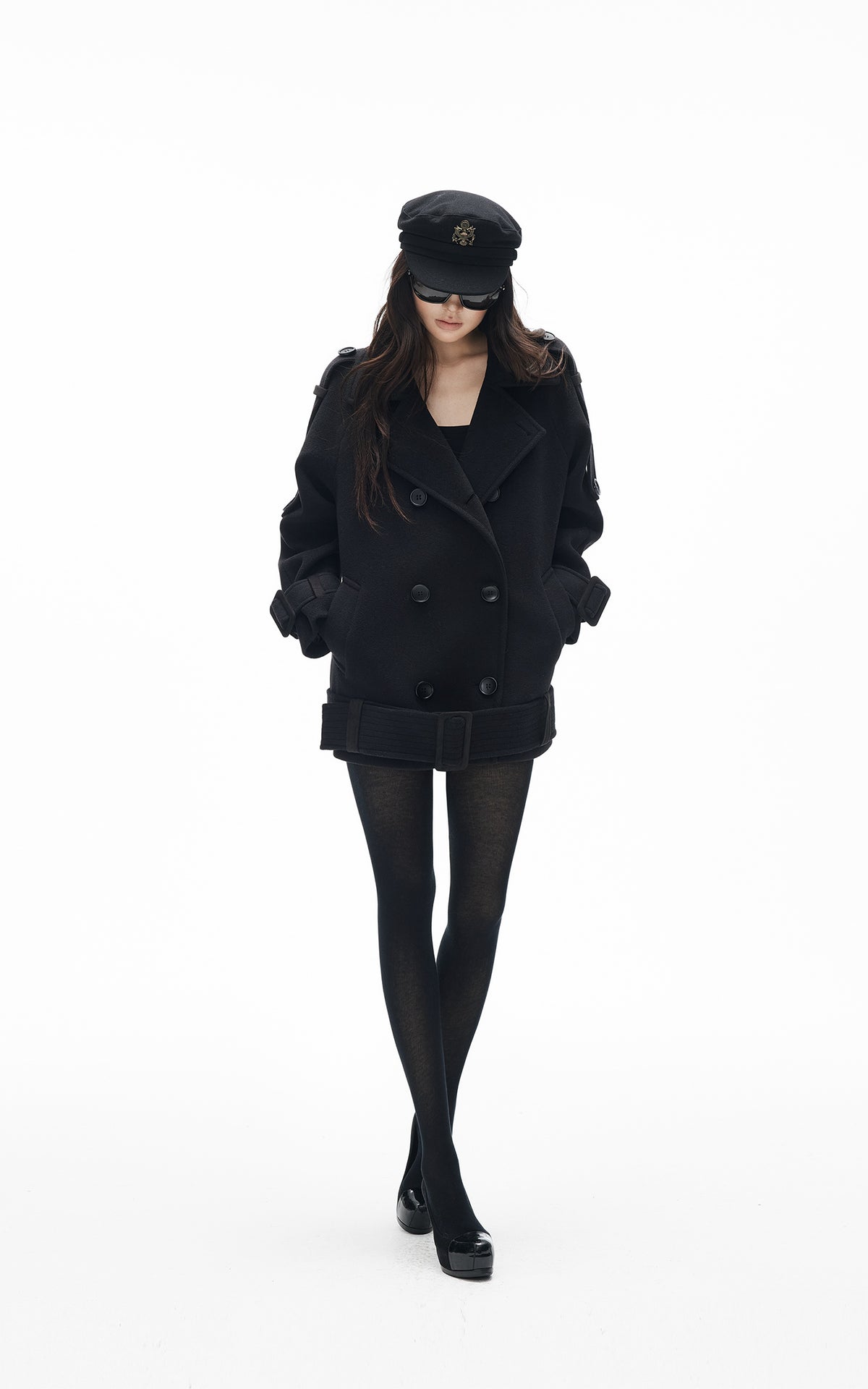 IAMXIAA Black Double-Breasted Belted Military Peacoat