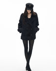 IAMXIAA Black Double-Breasted Belted Military Peacoat