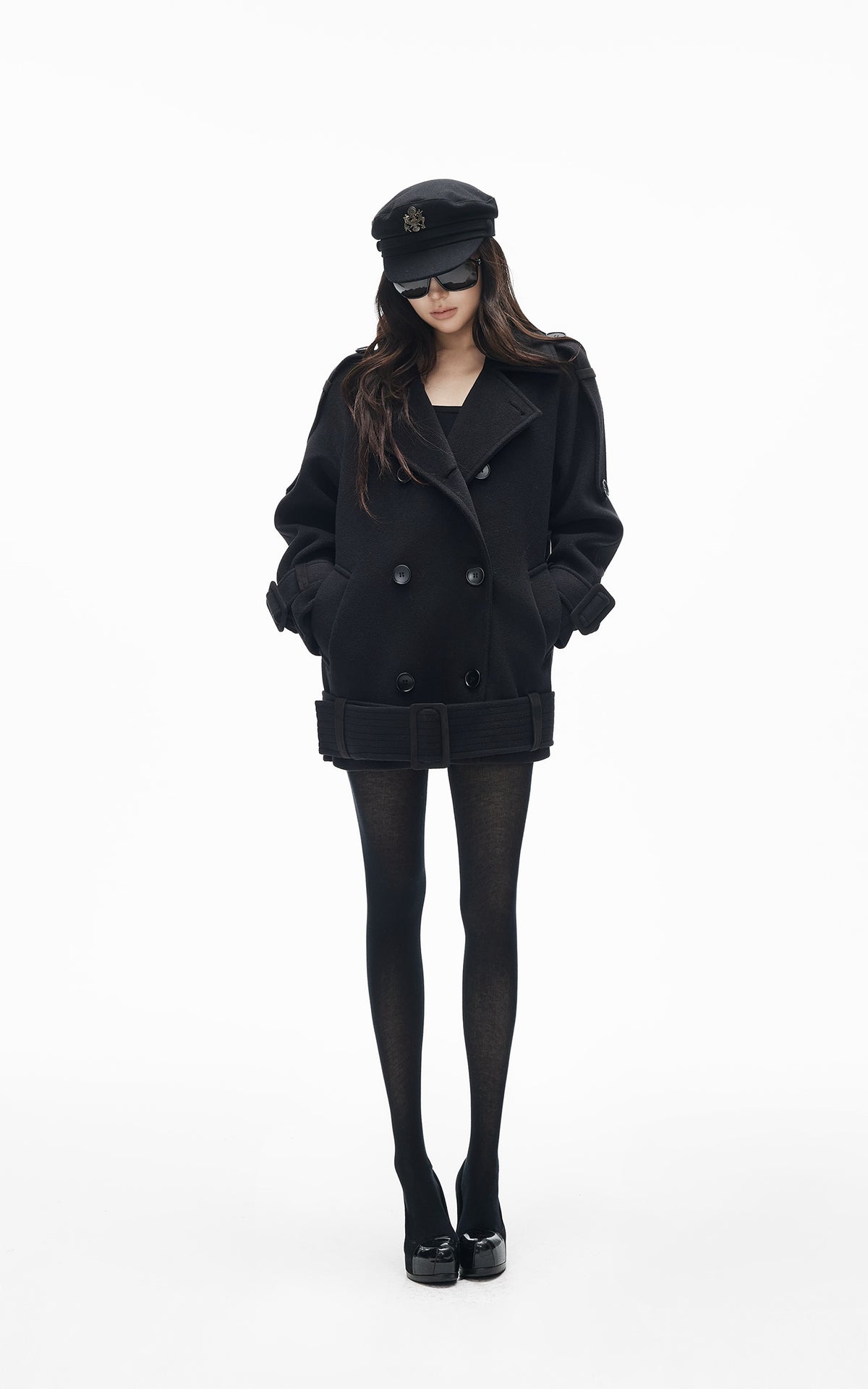 IAMXIAA Black Double-Breasted Belted Military Peacoat