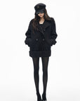 IAMXIAA Black Double-Breasted Belted Military Peacoat