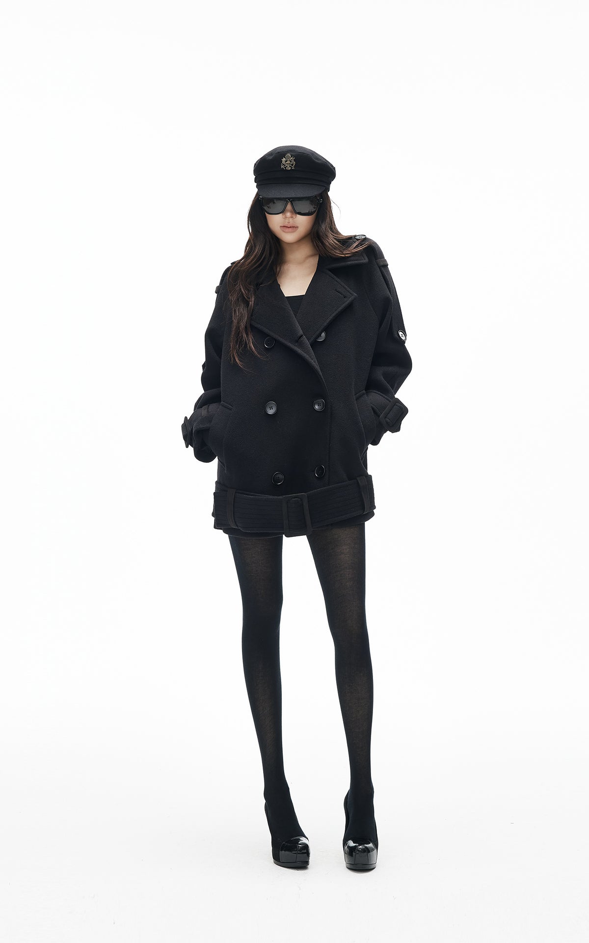IAMXIAA Black Double-Breasted Belted Military Peacoat