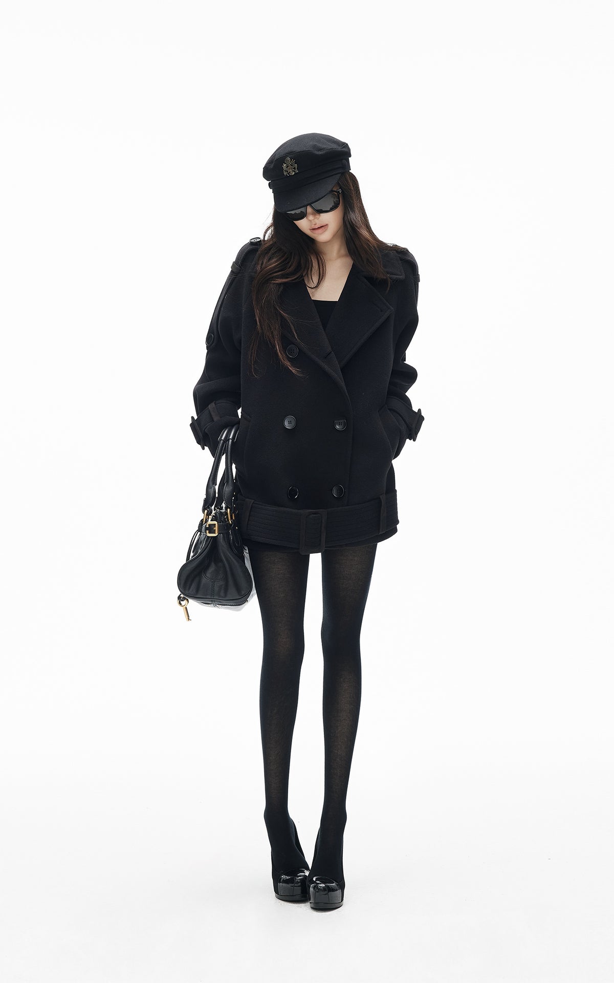 IAMXIAA Black Double-Breasted Belted Military Peacoat